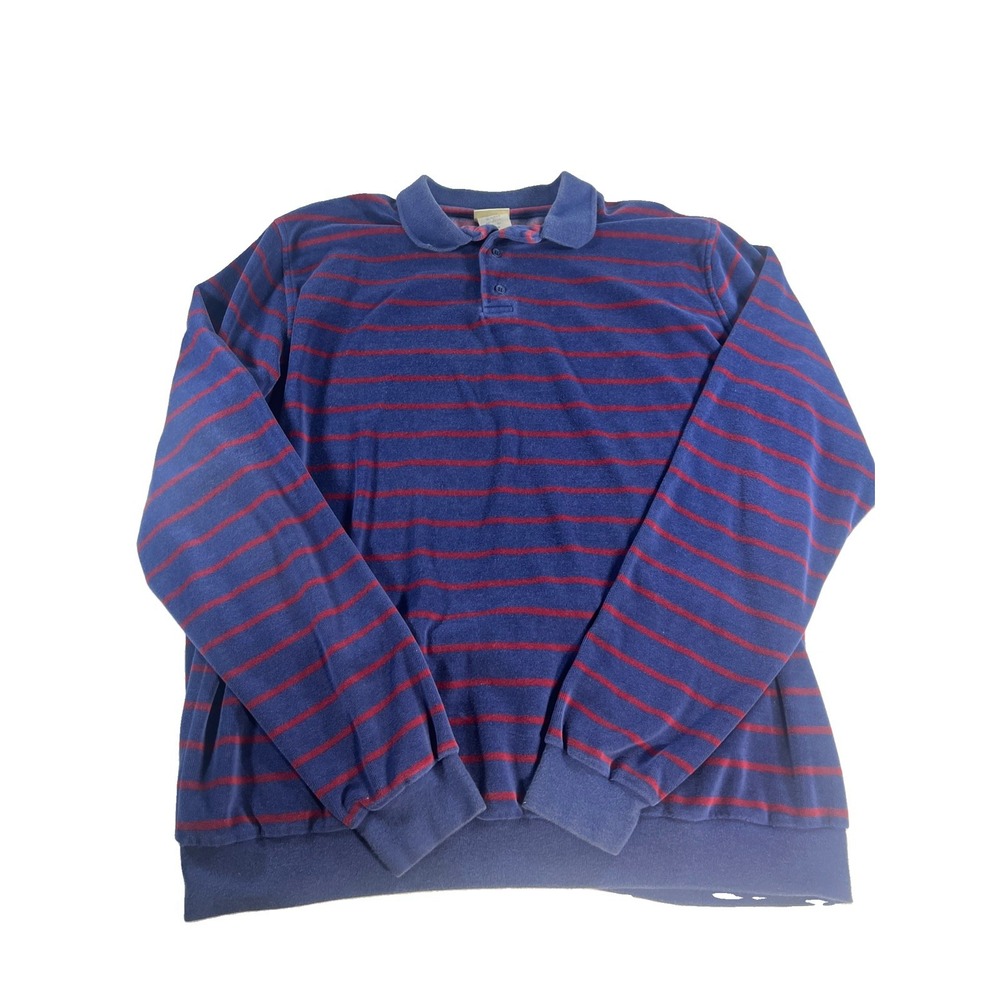 LL Bean Shirt XL Tall Long Sleeve Velour Polo Blue Red Stripes USA Vintage